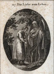 Allegory of Love for Life. An Old Woman Calls Death to Help Her Put Her Wooden Bunks on Her Head. Engraving in 