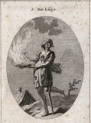 Allegory of lying represents ugliness, bad hair and bad clothes. Her clothing is filled with tongues and masks. The burning straw illustrates the lack of substance of her words and the wooden leg, the little solidity. Engraving in “Iconologie oder Ideen