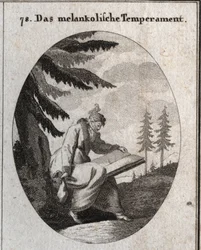 Allegory of melancholic complexion. He holds a book and a purse and his mouth is closed with a blindfold. A bird sits on his head. Engraving in 