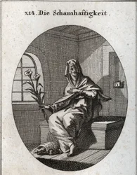 Allegory of modesty. Its symbol is a branch of lilies and a turtle that means that modesty women must be removed from their homes. His face is covered by a veil. Engraving in “Iconologie oder Ideen aus dem Gebiete der Leidenschaften und Allegorien bildic