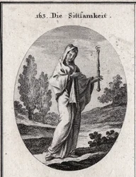 Allegory of modesty. She holds a sceptre above which is an eye that means that modesty must be far-sighted about itself. Engraving in 