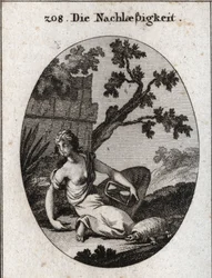 Allegory of negligence. She holds a clock with an overturned hourglass. The tortoise is the emblem of slowness. Engraving in 