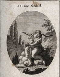 Allegory of patience sitting on pebbles, feet in thorns, hands joined and yoke on his shoulders. Engraving in 