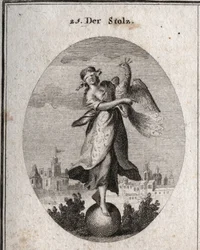 Allegory of Pride Represented by a Young Girl with a Blindfold Placed on a Ball Emblem of Her Little Solidity. The Peacock Symbolizes the Superb Spirit. The Rich Clothing Covers Her Poor Clothes to Show the Outdoors. Engraving in Iconologie oder Ideen a