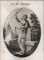 Allegory of rigor represented under a ferocity aspect holding with the right hand a rod of high iron and relying from the left on the book of laws. It has in the same hand a balance, one of which prevails over the other. Engraving in 