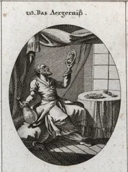 Allegory of scandal. He holds with one hand a bottle and on the other a portrait of a young woman and near a table on which are playing cards and games. Engraving in 