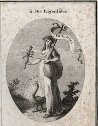 Allegory of self-love represented as a young woman closing a bag symbolizing her faults with a wand on which the Greek translation “Philautia” is inscribed. Attributes: the peacock displaying its tail and the narcissus flower. Engraving in “Iconologi”