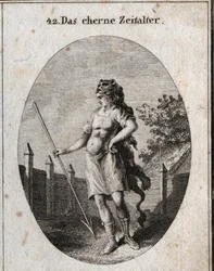 Allegory of the Copper Age represented as a sentinel near a fence in a proud attitude armed with a corselet and a javelin and cap of a lion