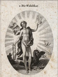Allegory of the Blessing Represented by a Handsome Young Man with a Laughing Face. His Drapery is Dotted with Stars and is Surrounded by Rays of Light, with One Hand He Holds the Graces and on the Other a Chain of Gold. The Eagle Near Him Shares Its Prey