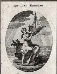 Allegory of confidence represented by a woman sitting on a place in the middle of the sea and holding in her hand a ship she raised. Engraving in 