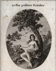 Allegory of the golden age represents with a horn of abundance of fruit, sitting beside an olive tree symbol of peace in the midst of which is a swarm of bees. Engraving in 