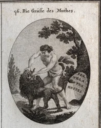 Allegory of the greatness of courage represented by a robust man who opens a lion
