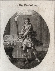 Allegory of the invitation as a young man with a laughing face inviting to a table covered with dishes. The torch he holds is the attribute of Comus, god of feasts and night parties. Engraving in 