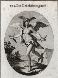 Allegory of the light. She has wings on her head, shoulders, feet and hands. Engraving in 