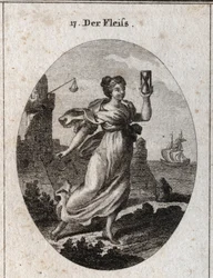 Allegory of diligence represented walking fast. Its attributes are the hourglass and the spur symbol of activity and accuracy. Engraving in 
