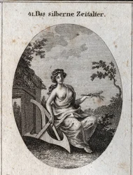 Allegory of the Silver Age with a Handle of Epis to Cultivate the Land and Wood to Make Huts. Engraving in Iconologie oder Ideen aus dem Gebiete der Leidenschaften und Allegorien bildich dargestellt fur Zeichner, Mahler, Dichter, Gelehrte, Erzieher und