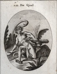 Allegory of torment. Her head surrounded by thorns means torments of the mind. The snake says that the fear of the peril makes it more formidable. A vulture eats his heart. Engraving in 