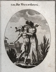 Allegory of treason. An awful old woman caresses a handsome young man and at the same time prepares to stab him. Engraving in 