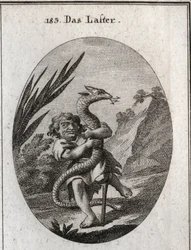 Allegory of vice represented by a dwarf squeezing a hydra. Engraving in “Iconologie oder Ideen aus dem Gebiete der Leidenschaften und Allegorien bildich dargestellt fur Zeichner, Mahler, Dichter, Gelehrte, Erzieher und freunde Hoherer Geschmacksbildung”