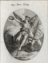 Allegory of Victory. She Has Wings and Holds a Palm and a Laurel Wreath. Engraving in 
