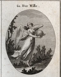 Allegory of Will. She is represented with wings and holding a ball of different colors. Engraving in 