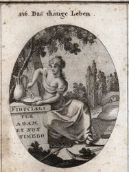 Allegory of Working Life Sitting in the Shade of a Vine. She is Represented Preparing to Eat in a Pond and Rocking with Her Foot a Child. Ploughing Instruments Are Placed Beside Her. Engraving in 