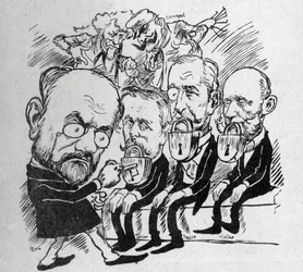 Emile Zola Tries to Unlock the Locks that Close the Mouths of Presidents Jean Casimir-Perier and Felix Faure as well as President of the Council Jules Meline, While in the Background, Henri Rochefort Told Com