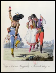 Hungarian Dancers in traditional dress, illustration from a book Costumes de Pannonie by J.H. de Bikkesy, published in Vienna, 1810