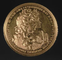 Medallion bearing portraits of Holy Roman Emperors Leopold I and Joseph I by Philipp Heinrich, 1692