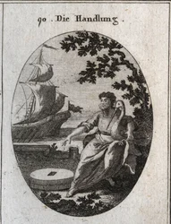 Trade allegory. At his feet two mills are placed on each other and he holds a stork in his arms. Its two attributes mean that mutual aid is the strength of trade. Deep down, a vogue vessel has full sail. Engraving in 
