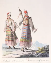 Women in traditional dress of the Mehadia region, illustration from a book Costumes de Hongrie by J.H. de Bikkesy, 1810