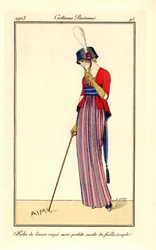 Woman in striped linen dress and vest in soft ribbed silk or faille, hat with cockade. She writes love with her cane in the sand. Striped linen dress with small vest of soft faille. Handcoloured pochoir etching after an illustration by B. Berty