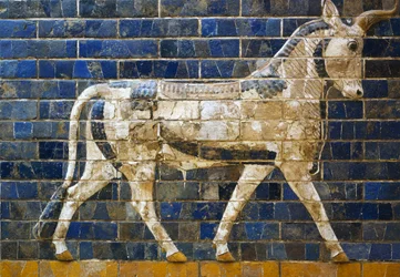 A bull, (detail) from glazed brick tiles depicting mythological animals that adorned the Processional Way to the Ishtar Gate in Babylon during the reign of Nebuchadnezzar II (604-562 BC). Babylonian civilization, 7th -6th century BC