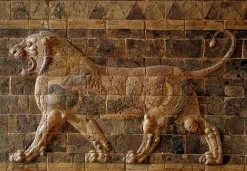 Detail of the Ishtar Gate depicting a mosaic lion of bricks, Processional Way of Babylon under Nebuchadnezzar II