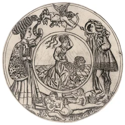 Aristotle and Phyllis, surrounded by a Young Man and Woman with Eros, and a reclining nude Woman with two Children, second half of the 15th century