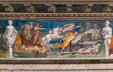Procris Impaled by the Never Erring Javelin, Cephalus Running Towards Her and Aurora and Titone on a Chariot Pulled by Four Horses