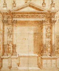 Design for an Altar with a Pedimented Tabernacle Supported on Paired Corinthian Statues of Saint Lucy, Saint Agnes, Saint Ansanus and Saint Stephen in Niches Between These