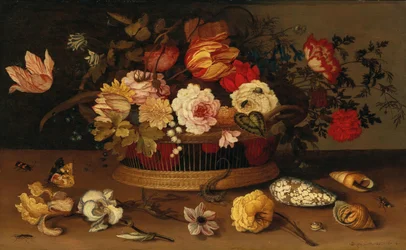 A Wicker Basket with Flowers and Shells on a Stone-ledge