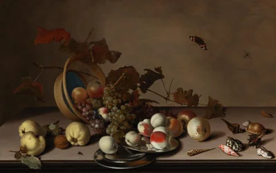 Fruit Still Life with Wicker Basket, Mussels and Butterfly