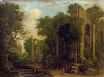 Wooded Landscape with Travellers Resting by Classical Ruins