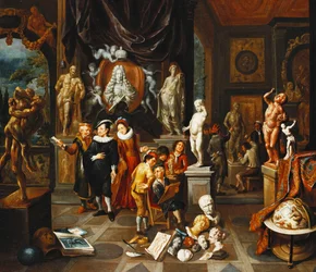 An Elegant Couple Visiting a Sculpture Gallery, with an Artist Sketching and a Sculptor at Work Beyond
