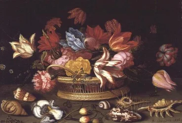 A Basket of Flowers with Shells on a Ledge