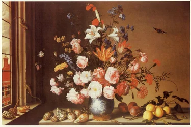 Interior with Large Bouquet, Shells, Fruits and Lizards