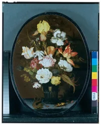 Still Life With Flowers In A Glass Vase On A Ledge, With A Lizard And Beetles