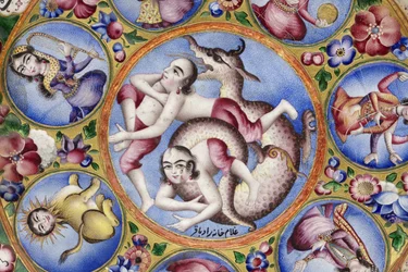 Lidded bowl, saucer and spoon with astrological decoration
