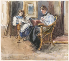 Lady Doing Needlework and Girl Reading in Wicker Chairs, in the House at Riouwstraat 6, The Hague