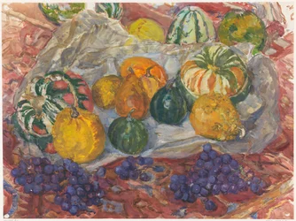 Still Life of Pumpkins and Grapes on a Cloth