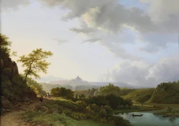 A Panoramic Summer Landscape with Travellers and a Castle Ruin in the Distance