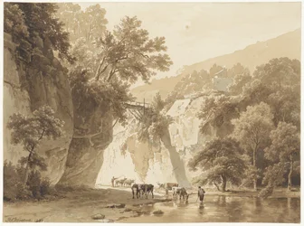 Rocky Landscape with Drinking Cows