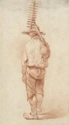 Standing Farmer with Rake and Jug over Shoulder, Seen from the Back